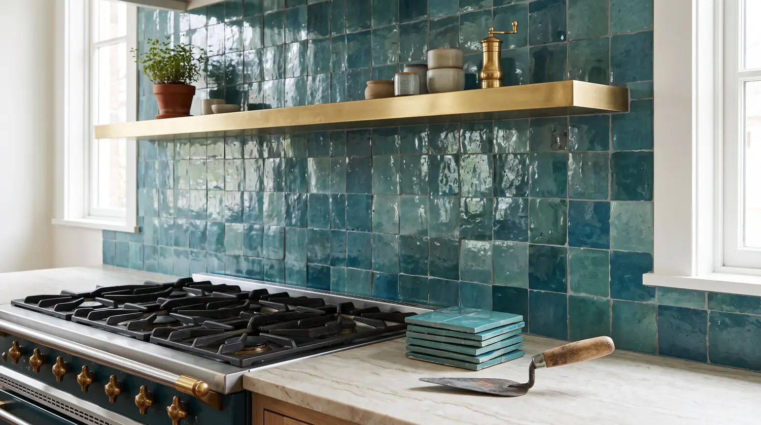 A gas range and marble counter in front of a glossy teal square-tile backsplash with a brass floating shelf, a stack of loose tiles and a finishing trowel
