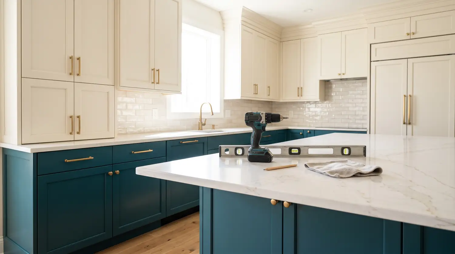 A cordless drill and a bubble level resting on a white quartz island in a kitchen with teal lower cabinets and off-white upper cabinetry