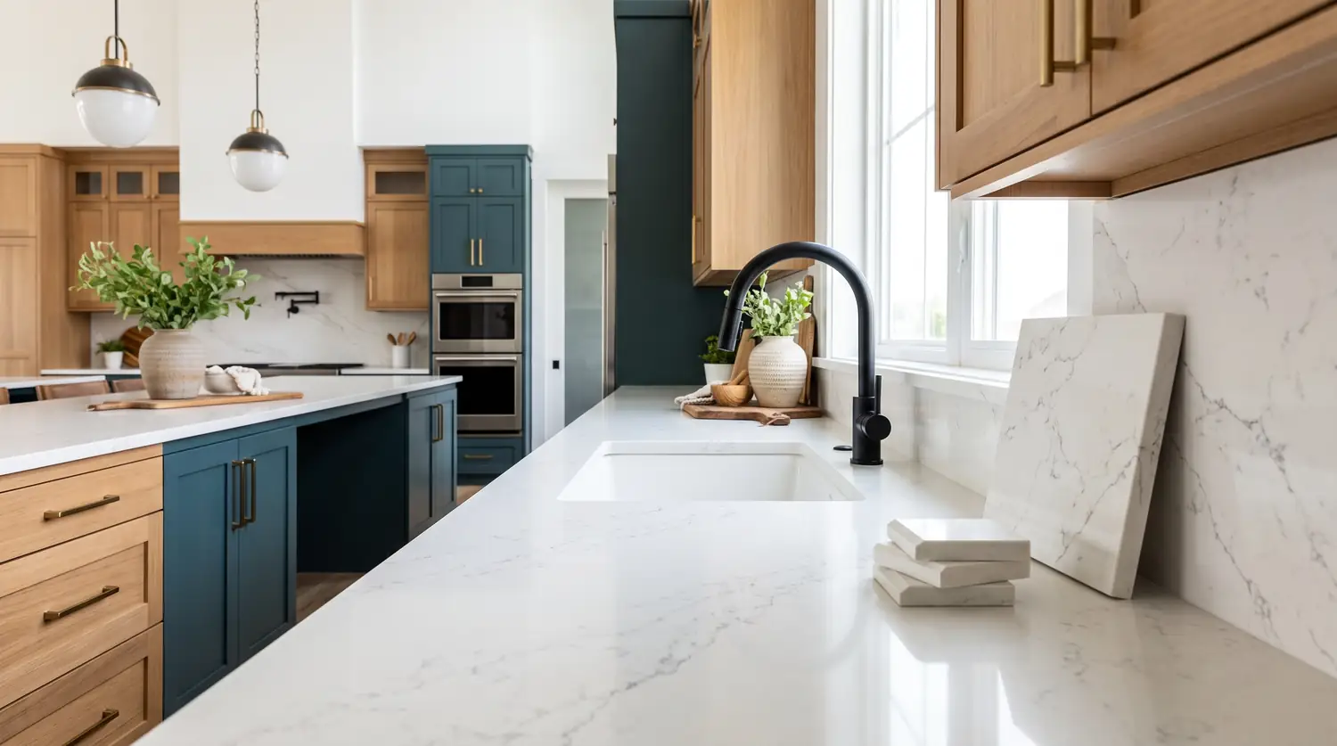 White marble countertops with an undermount sink and a matte black faucet in a kitchen with light wood and teal cabinetry and stone samples against the backsplash