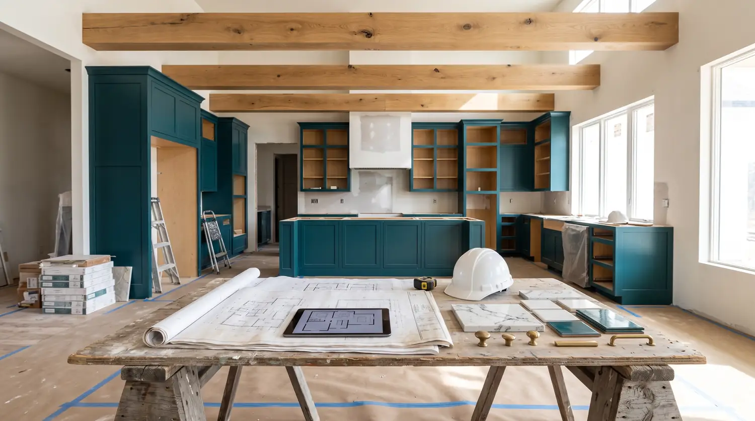 Remodeling Plans and Kitchen Renovation | Music City Remodels A kitchen renovation in progress with exposed wood ceiling beams, teal cabinetry, blueprints, a tablet and a hard hat laid out on a work table