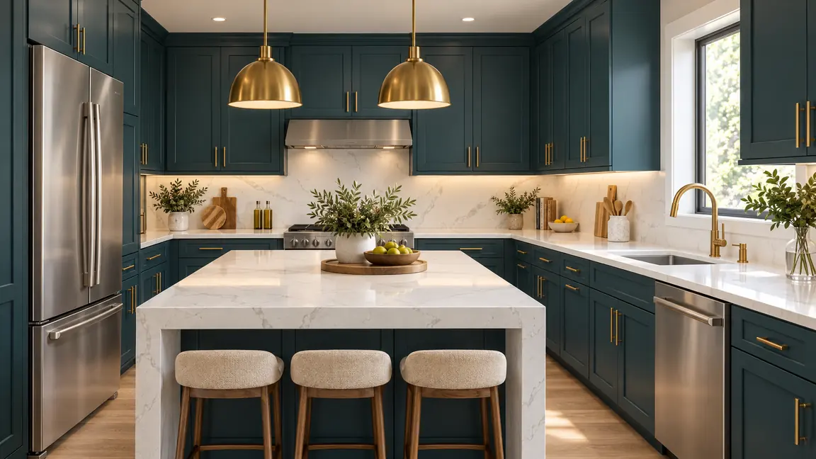 After: Modern Luxury | Music City Remodels After: A luxury modern kitchen with deep teal shaker cabinets, white quartz counters, a waterfall island with brass pendant lights and stainless appliances