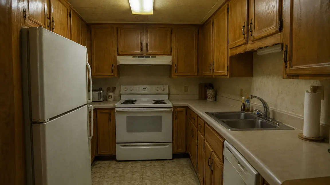 Before: Dated Oak Kitchen | Music City Remodels Before: A dated 1990s kitchen with worn honey oak cabinets, beige laminate countertops, a white appliance set and yellowing fluorescent lighting, a closed-in layout, dim and tired