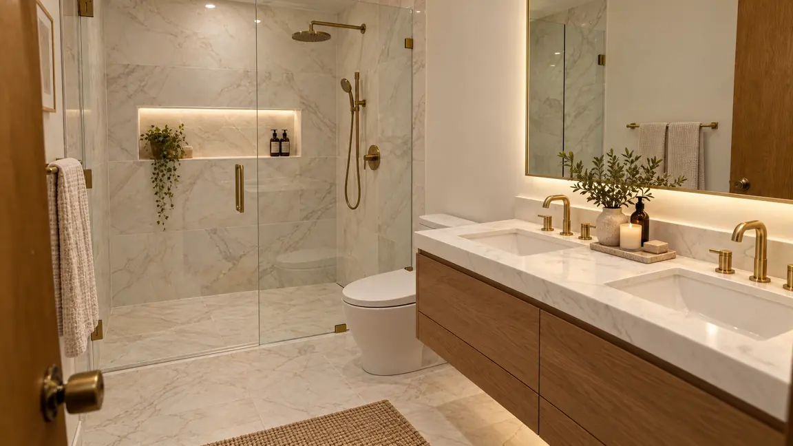 After: Spa Retreat | Music City Remodels After: A spa bathroom with a frameless glass walk-in shower, large-format marble tile and a floating double vanity with brass fixtures