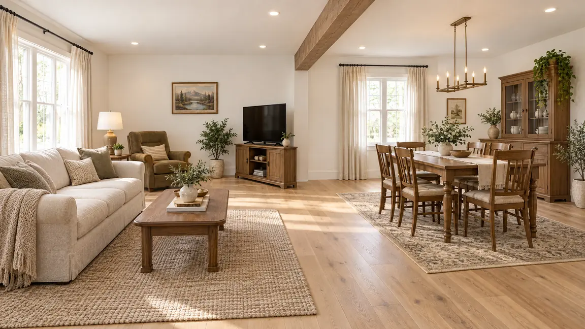 After: Open Concept | Music City Remodels After: One bright open living and dining space with white oak floors, fresh white walls, a clean wood beam and recessed lighting