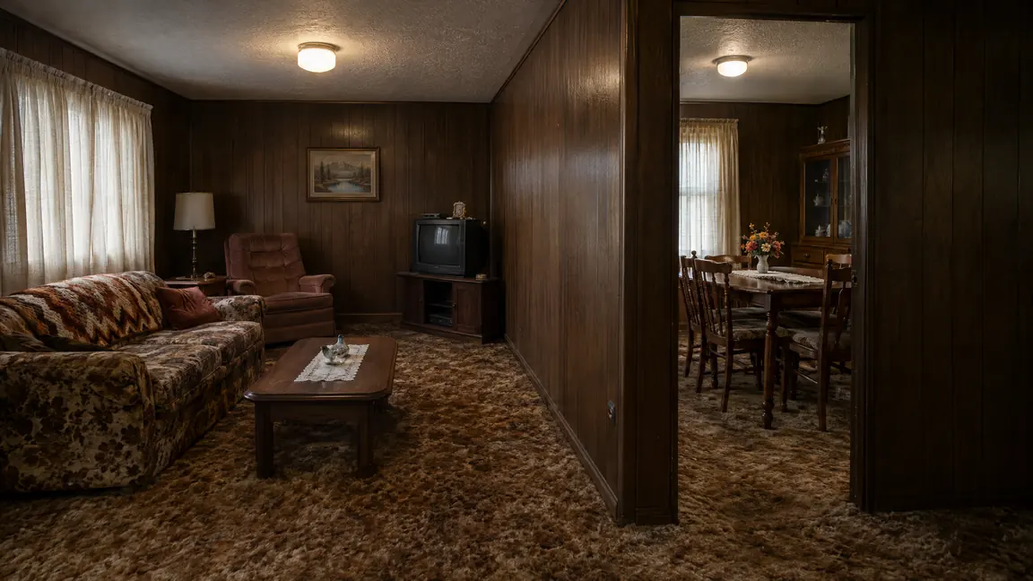 Before: Closed-Off Rooms | Music City Remodels Before: A small closed-off living room and dining room divided by a wall with a narrow doorway, dated carpet, dark paneling and low ceiling lights