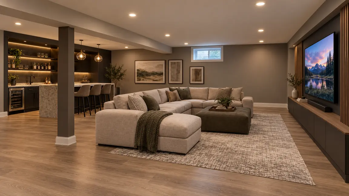 After: Media Lounge | Music City Remodels After: A finished luxury media lounge with a built-in bar, a sectional sofa, a large TV wall, luxury vinyl plank floors and recessed lighting