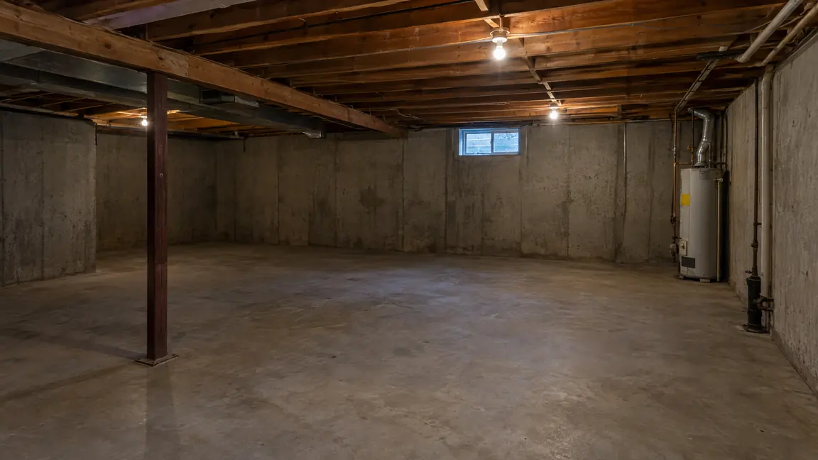 Before: Unfinished Basement | Music City Remodels Before: An unfinished concrete basement with exposed joists, bare concrete floor, a water heater in the corner and bare bulb lighting, dim and empty