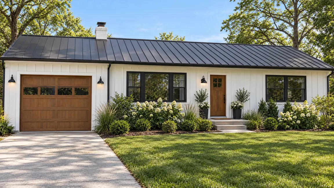 After: Modern Farmhouse | Music City Remodels After: A modern farmhouse exterior with white board-and-batten siding, a standing-seam metal roof, black windows, a stained wood front door and new landscaping