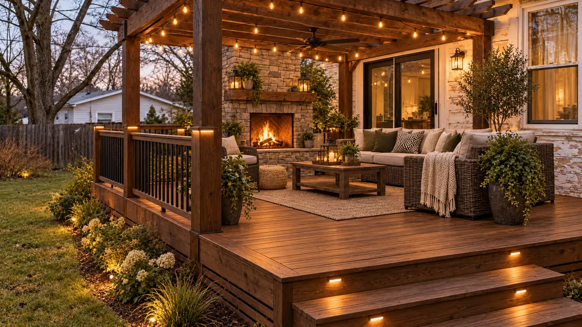 After: Covered Outdoor Living | Music City Remodels After: A luxurious covered outdoor living space with a stained wood deck, a pergola roof, a stone fireplace and outdoor sofa seating
