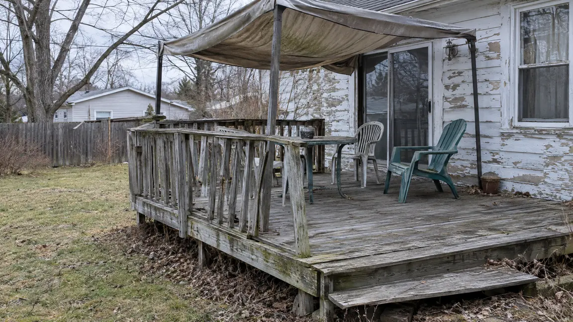 Before: Weathered Deck | Music City Remodels Before: A weathered gray backyard wooden deck with a rickety railing and a sagging cover, peeling paint on the house, bare lawn and old plastic chairs
