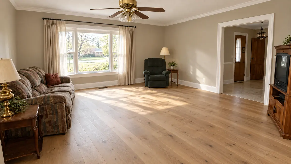 After: Wide-Plank Hardwood | Music City Remodels After: A bright living room with wide-plank white oak hardwood floors, warm greige walls and crisp white trim
