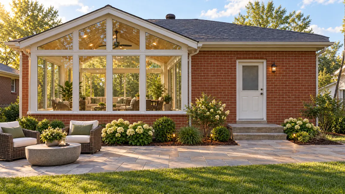 After: Sunroom Addition | Music City Remodels After: The back of a brick home with a glass-walled sunroom addition with a vaulted roof, a stone patio and soft landscaping