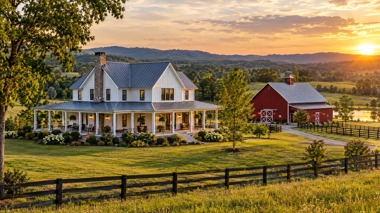 A renovated white farmhouse with a wraparound porch and a restored red barn on rolling green Tennessee farmland in golden light