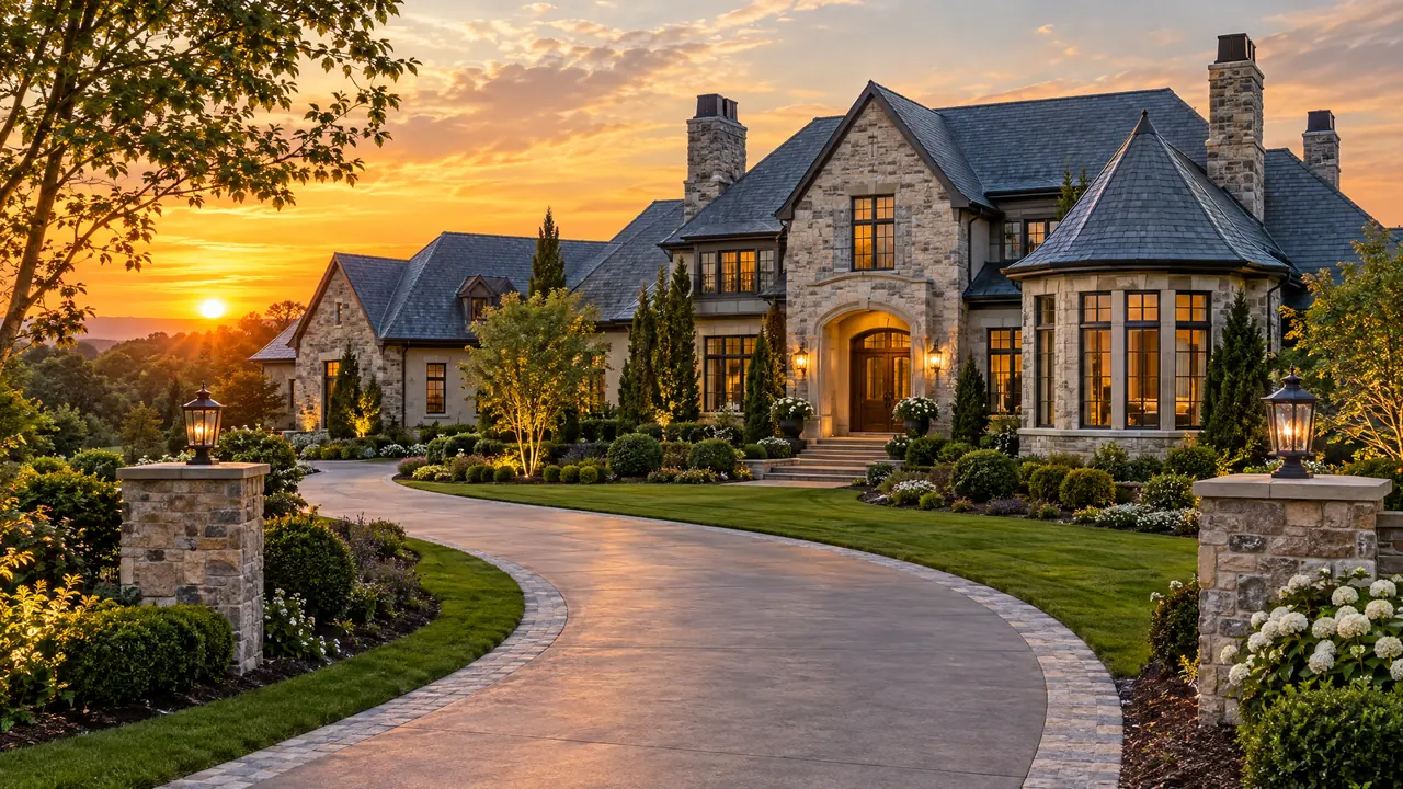 A large luxury estate home with a long curving driveway, stone columns, a new slate roof and manicured landscaping at golden hour