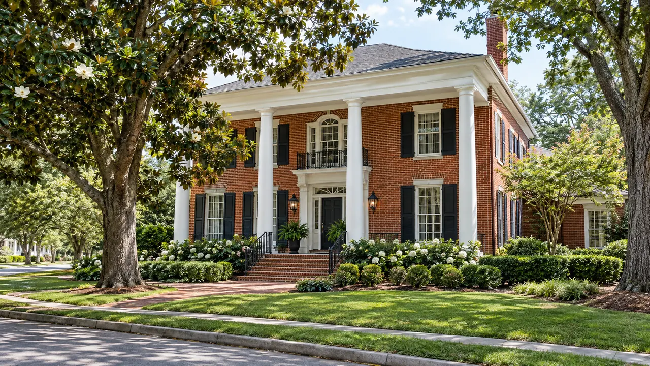 A beautifully restored historic red brick Southern home with white columns, new dark shutters, mature magnolia trees and fresh landscaping on a quiet tree-lined street