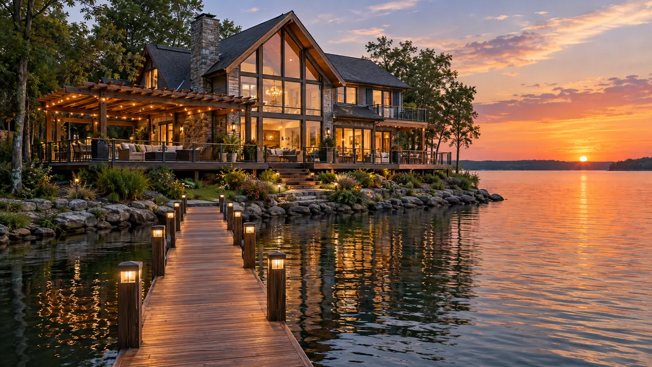 A stunning remodeled lake house with a long wooden dock, a wraparound deck with a pergola, large windows and calm water at sunset