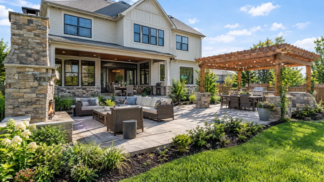 A newer two-story home with a custom outdoor living space, a stone fireplace patio and a pergola in the backyard, bright afternoon light