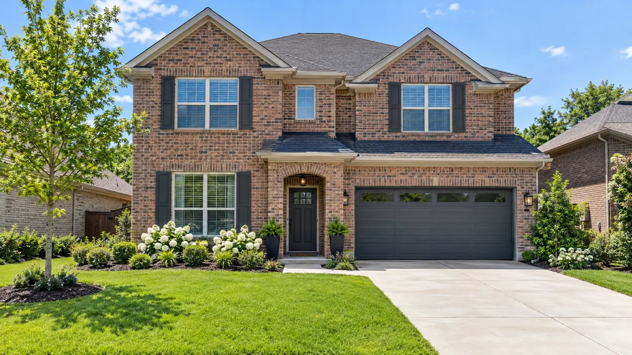 A tidy updated suburban two-story brick home with a fresh front door, a modern garage door, new landscaping and green lawn on a sunny street