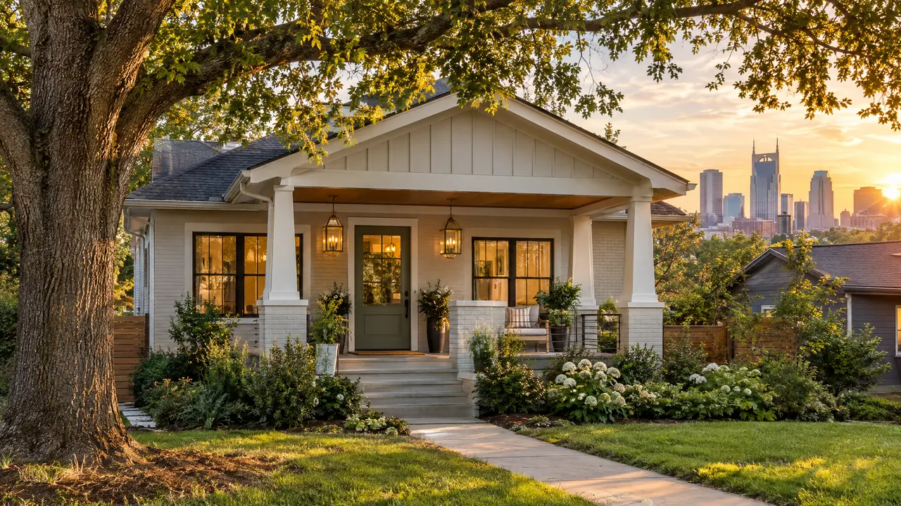 A charming renovated East Nashville bungalow with a fresh modern color palette, a new front porch with brass lanterns, a big oak tree and tall downtown buildings faintly visible in the distance, golden hour