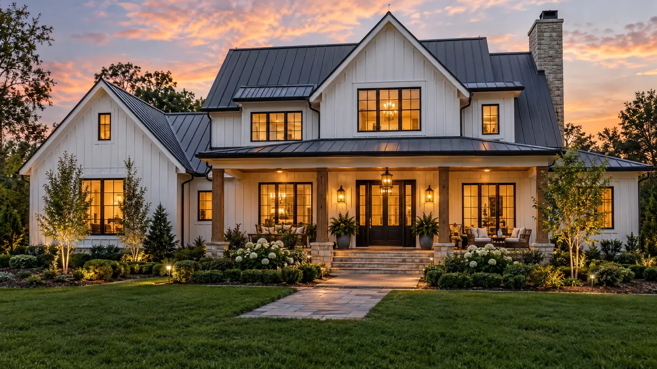 A stunning remodeled modern farmhouse exterior at dusk with warm glowing windows, board-and-batten siding, a standing-seam metal roof, a covered front porch with brass lanterns and manicured landscaping
