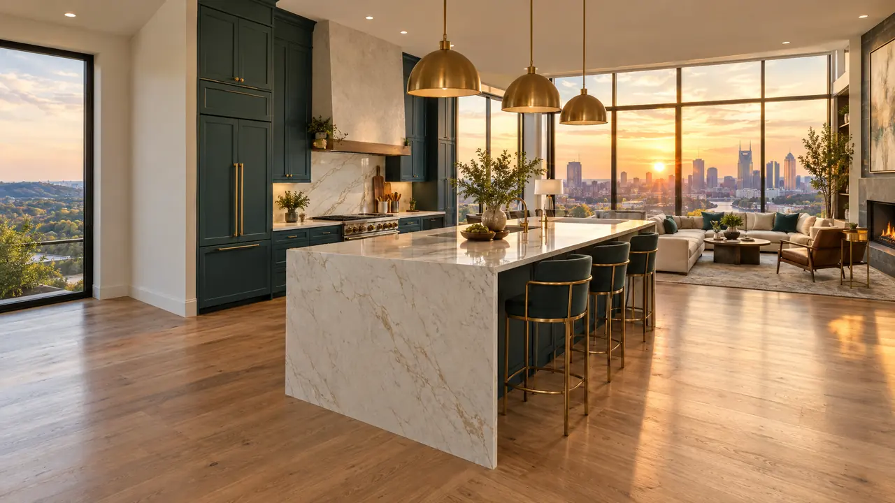 Luxury Open Kitchen and Living Room | Music City Remodels A breathtaking luxury open-concept kitchen and living room in a Nashville home at golden hour, a large quartz waterfall island with brass pendant lights, deep teal cabinetry, wide-plank oak floors, floor-to-ceiling windows glowing with warm light, no people, empty space on the left side of the frame