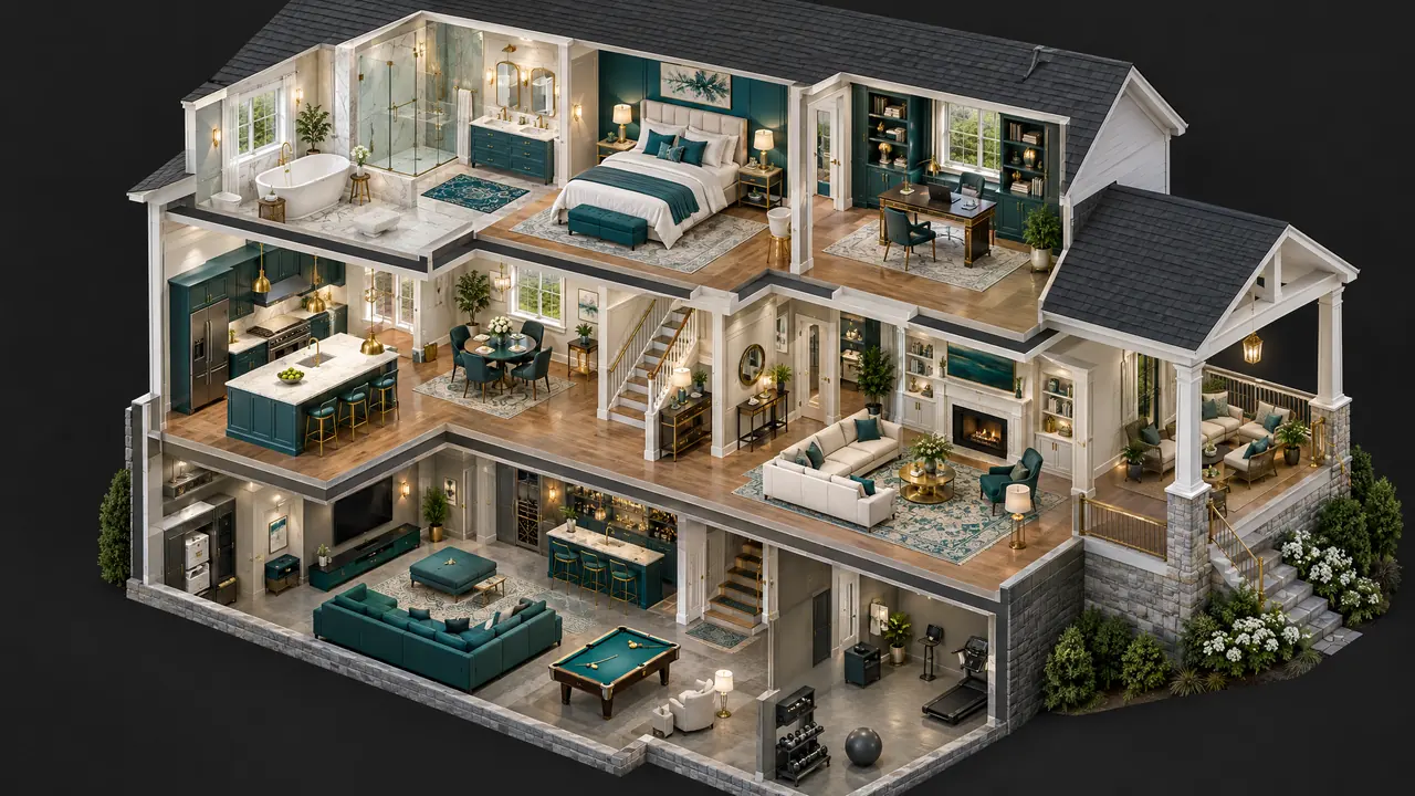 A detailed isometric cutaway of a two-story luxury home showing a gourmet kitchen, spa bathroom, living room, home office, finished basement and covered porch, each beautifully decorated in teal, white and brass, floating on a dark charcoal background