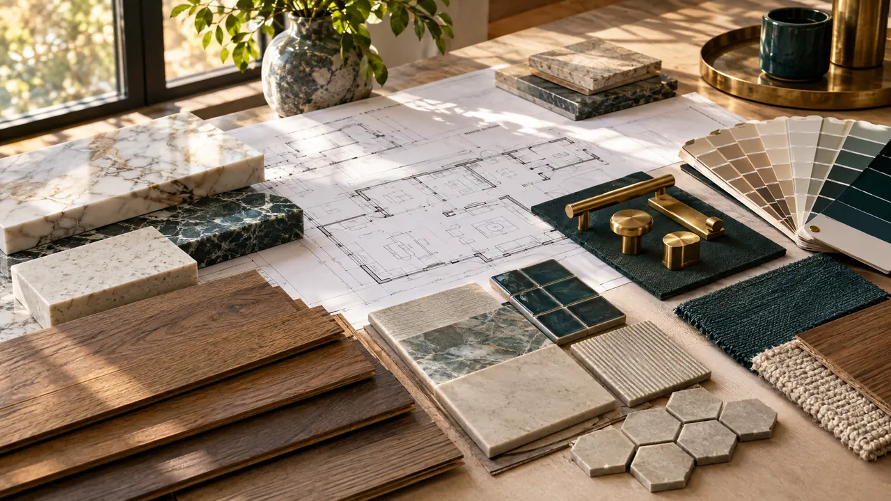 A beautiful design table with architectural blueprints, marble and quartz samples, wood flooring boards, tile swatches, brass hardware and a paint fan deck arranged neatly in warm window light