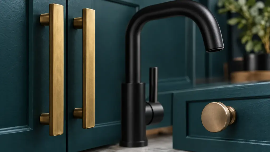 A macro close-up of brushed brass cabinet pulls, a matte black faucet and a champagne bronze knob against deep teal cabinet doors, shallow depth of field