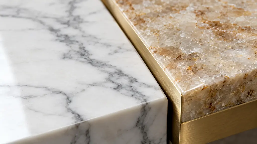 A macro close-up of polished white marble with soft gray veining beside a slab of warm quartz with a brushed brass edge, shallow depth of field, soft light