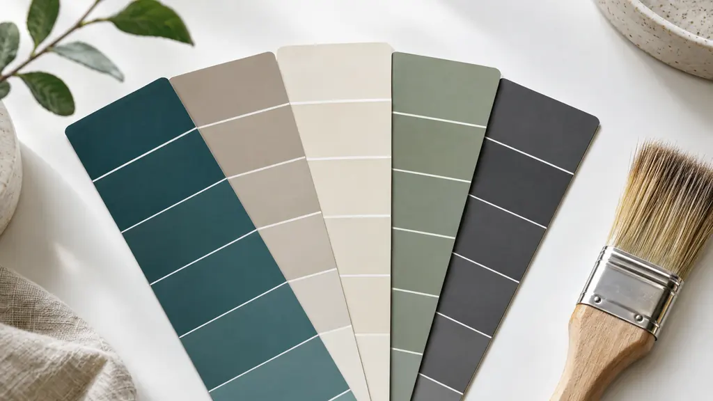 A neatly fanned set of paint swatches in deep teal, warm greige, soft cream, sage and charcoal on a white table with a paintbrush, soft natural light