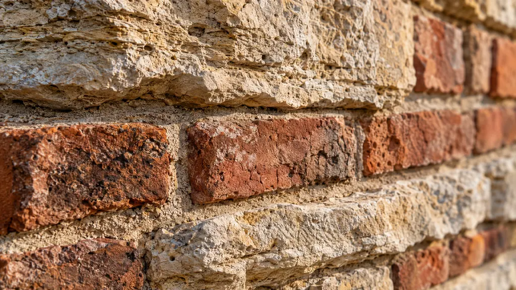 A macro close-up of layered natural limestone and warm reclaimed brick with fine mortar lines, soft raking light, shallow depth of field
