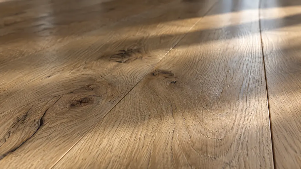 A macro close-up of wide-plank white oak hardwood flooring with rich grain, a hint of afternoon sunlight raking across it, shallow depth of field