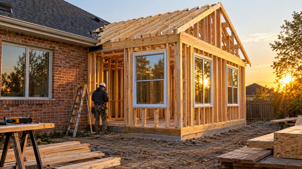 Home Addition | Music City Remodels A new home addition being built, a framed second room extension on the side of a brick home with new windows and roof framing, a builder on site in golden light