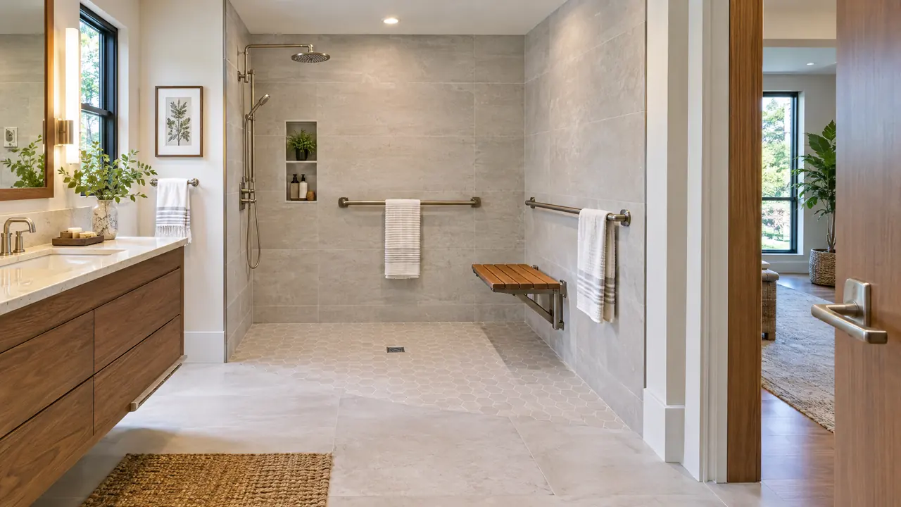 A bright accessible bathroom remodel with a curbless walk-in shower, a fold-down teak seat, grab bars styled as towel bars and a wide doorway with a lever handle