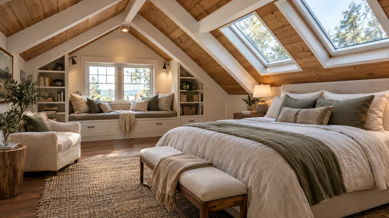 A cozy converted attic bedroom suite with vaulted wood ceilings, skylights, a built-in reading nook, a bed with linen bedding and white-painted beams