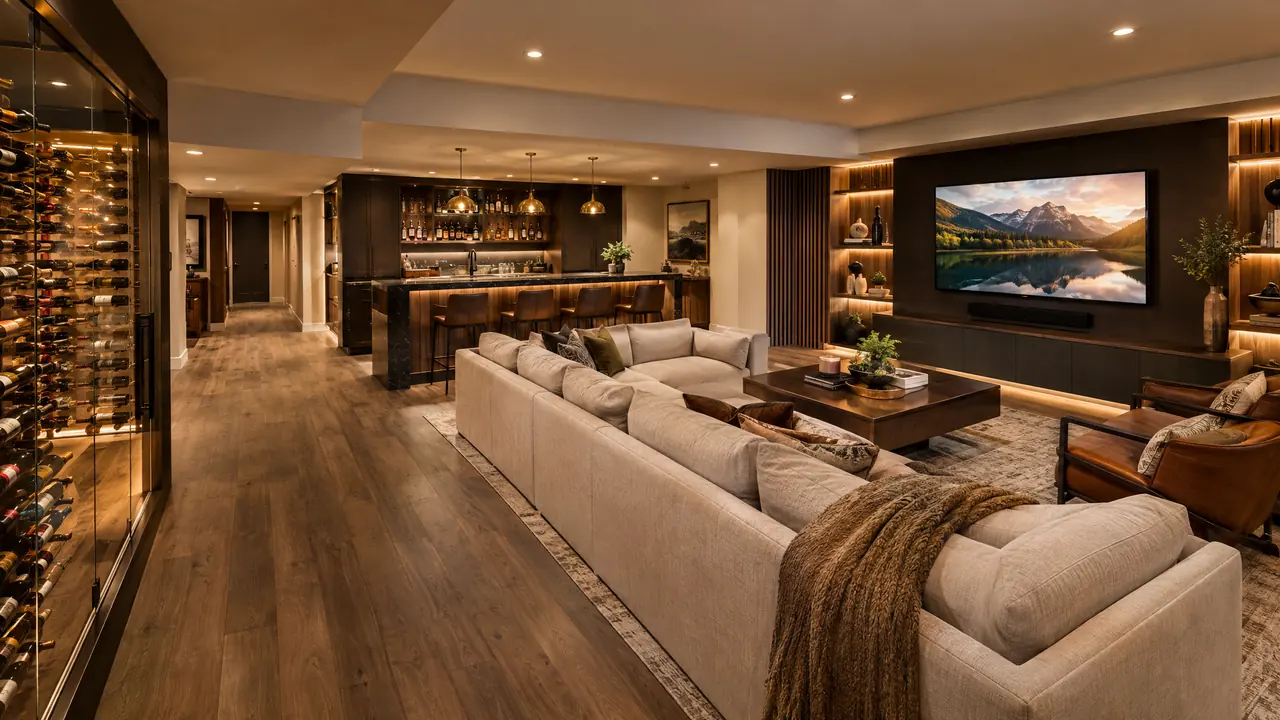 Finished Basement | Music City Remodels A luxury finished basement with a built-in bar, a sectional sofa facing a large TV wall, recessed lighting, luxury vinyl plank floors and a wine display, warm and inviting
