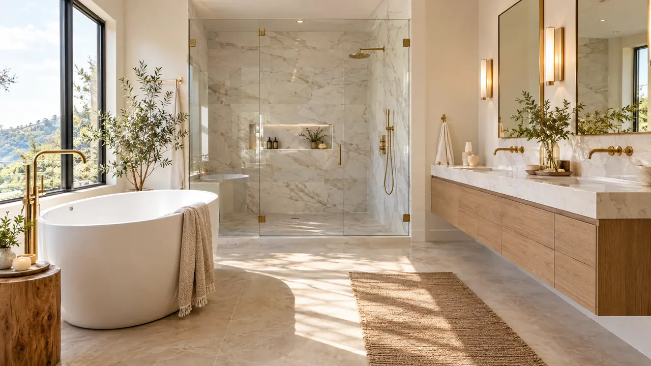 Spa-Style Bathroom Remodel | Music City Remodels A spa-style primary bathroom remodel with a freestanding soaking tub, a frameless glass walk-in shower with large-format marble tile, a floating double vanity with brass fixtures and warm natural light, no people
