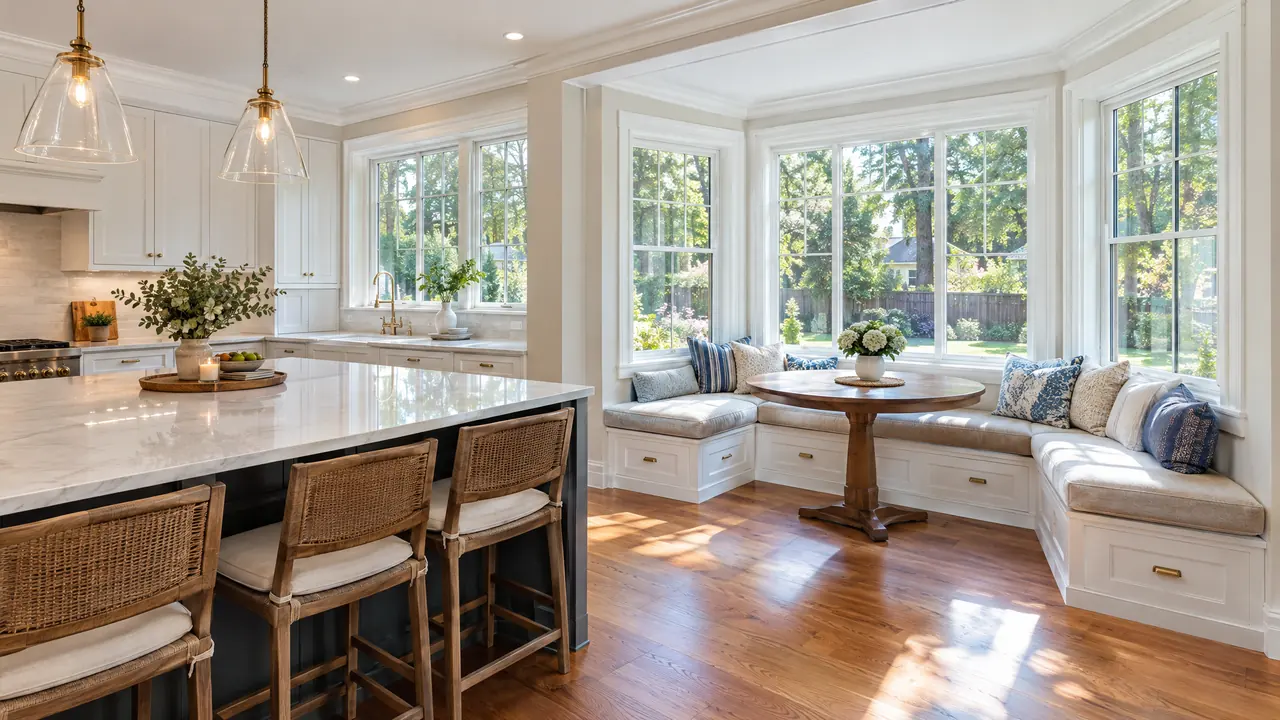 A kitchen bump-out addition with a new breakfast nook window seat surrounded by large windows overlooking the backyard, fresh white trim and warm wood floors