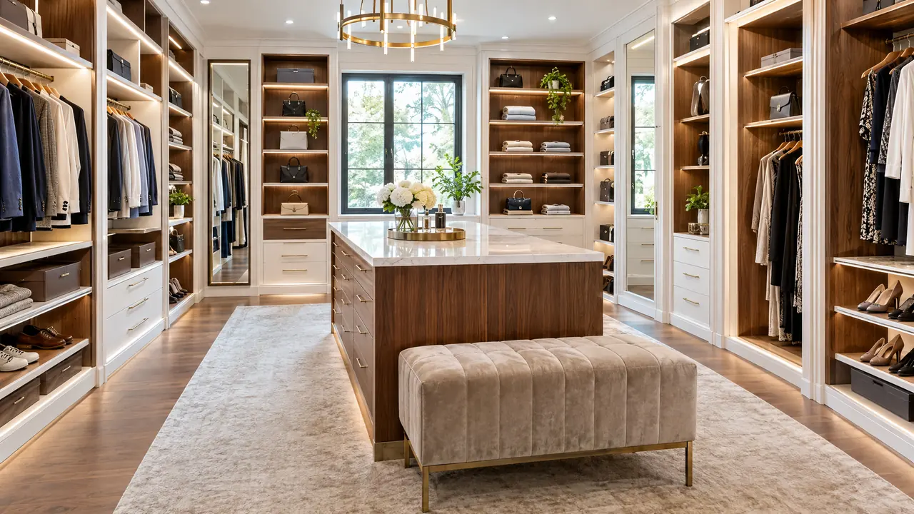 A luxury custom walk-in closet with built-in white and walnut shelving, an island with drawers, a velvet bench and soft LED lighting, tidy and bright
