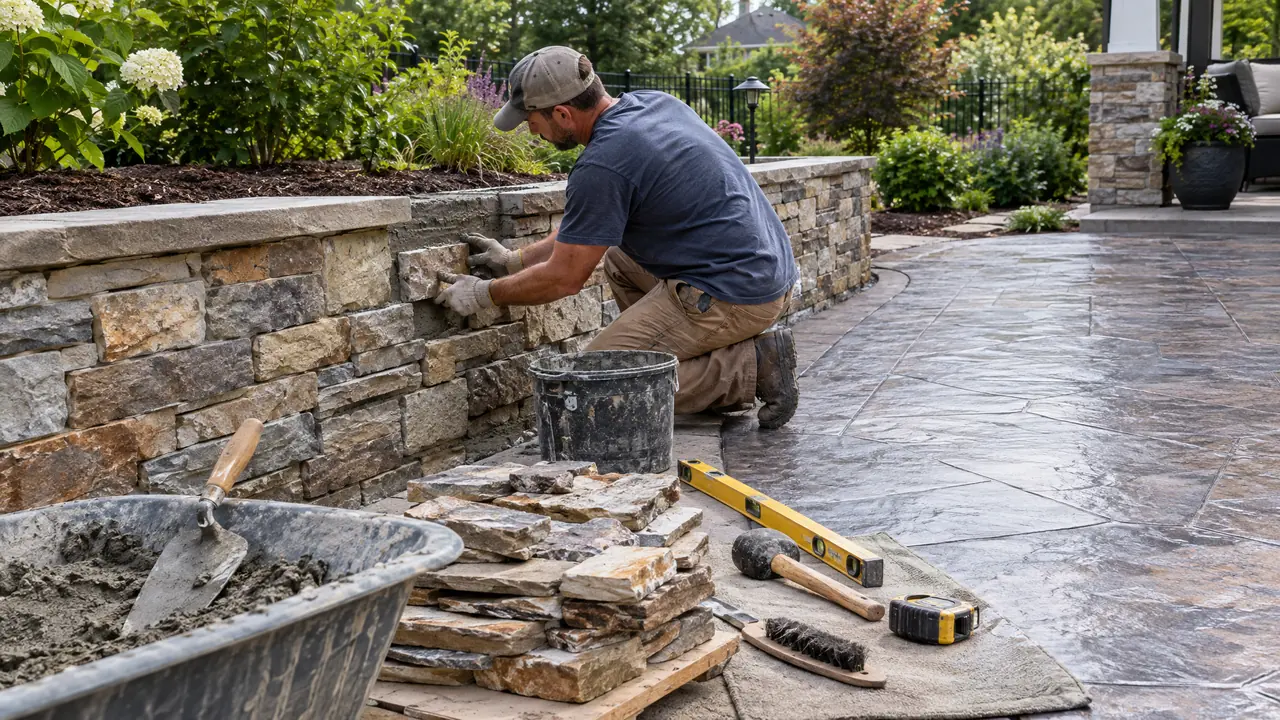 Concrete and Masonry | Music City Remodels A mason laying natural stone veneer on a garden wall beside a freshly poured stamped concrete patio, tools neatly arranged