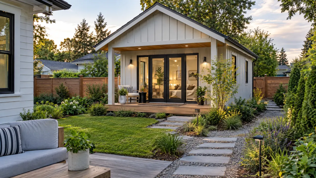 A beautiful modern detached accessory dwelling unit in a backyard with board-and-batten siding, large glass doors, a small porch and landscaped path behind the main house