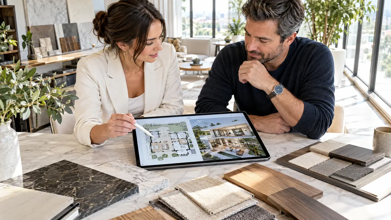 Design and Space Planning | Music City Remodels A designer and homeowner reviewing a floor plan and 3D rendering on a large tablet beside material samples in a bright design studio
