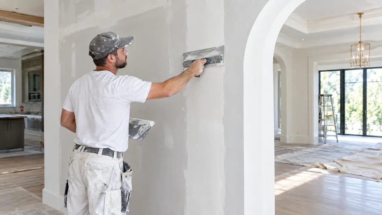A drywall finisher smoothing joint compound on a flat wall in a bright renovation, a clean white plastered archway beside him