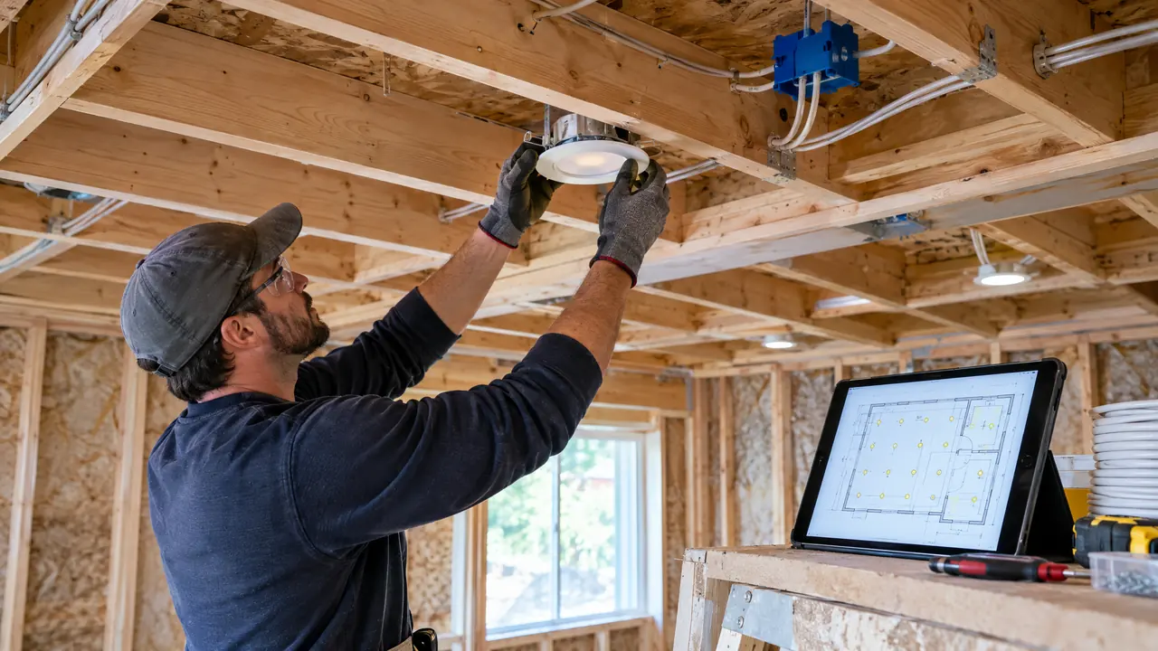 An electrician installing a recessed light in a newly framed ceiling during a remodel, neat wiring and a tablet showing a lighting plan