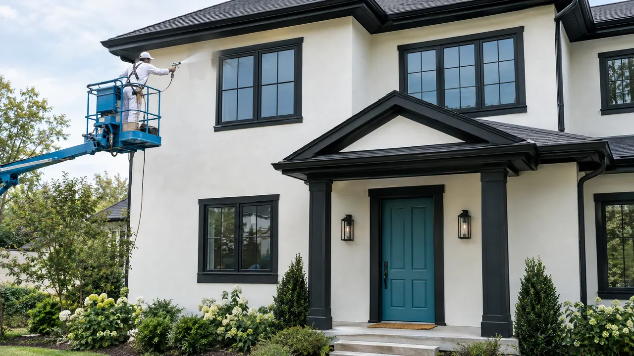A painter on a lift spraying a fresh warm white color across the exterior of a two-story home, with a crisp black trim and a teal front door