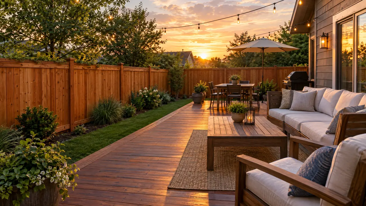 A beautiful cedar privacy fence along a backyard with a spacious stained wood deck, outdoor furniture and string lights at golden hour