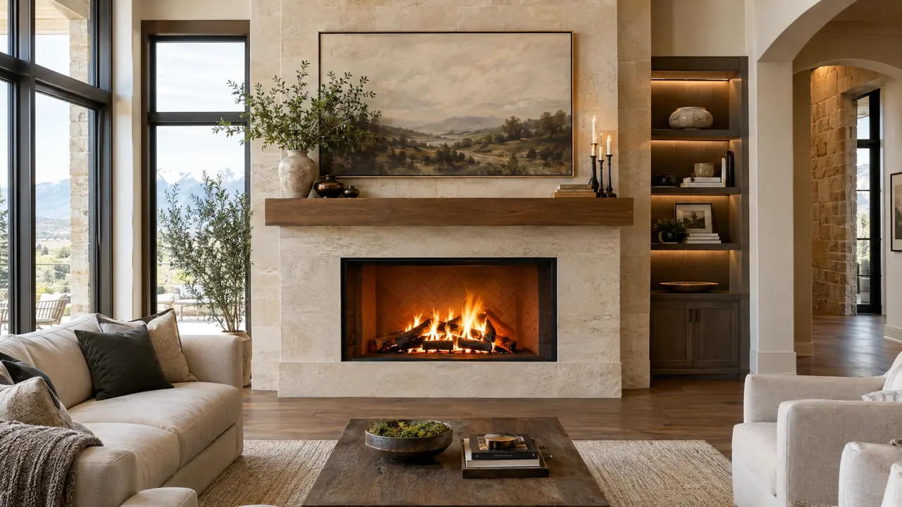 A beautiful living room fireplace with a floor-to-ceiling limestone surround, a floating wood mantel and a warm flickering fire, no people