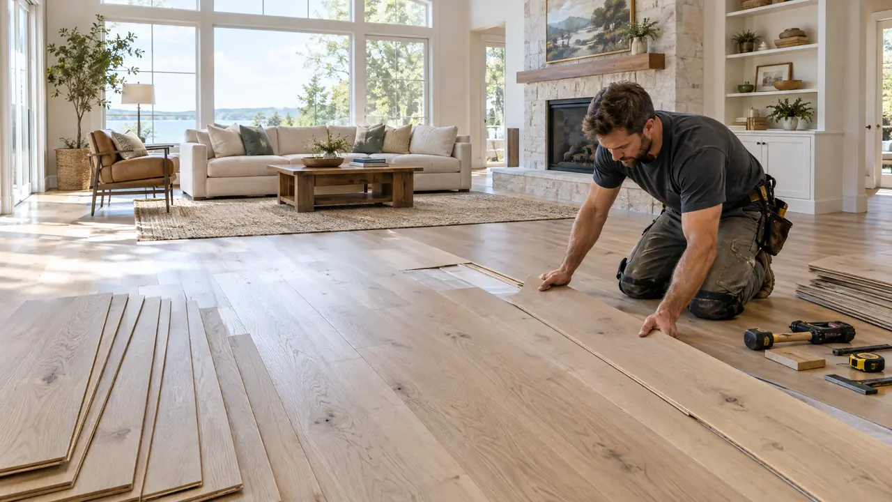 Hardwood Flooring Installation | Music City Remodels A craftsman installing wide-plank white oak hardwood flooring in a bright living room, planks fanned across the floor and tools neatly beside him