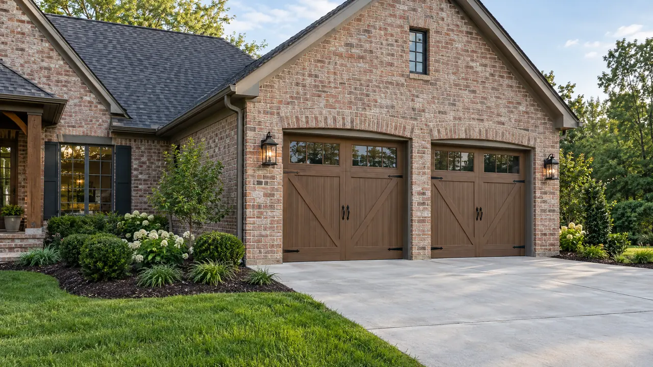 A newly built two-car garage addition attached to a brick home with carriage-style garage doors, matching brick and fresh landscaping
