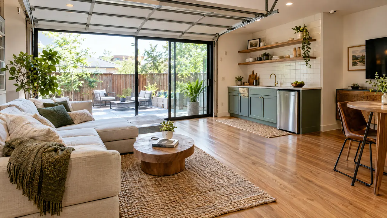A garage converted into a stylish bright living space with a large glass sliding door, hardwood floors, a cozy sofa and a small kitchenette